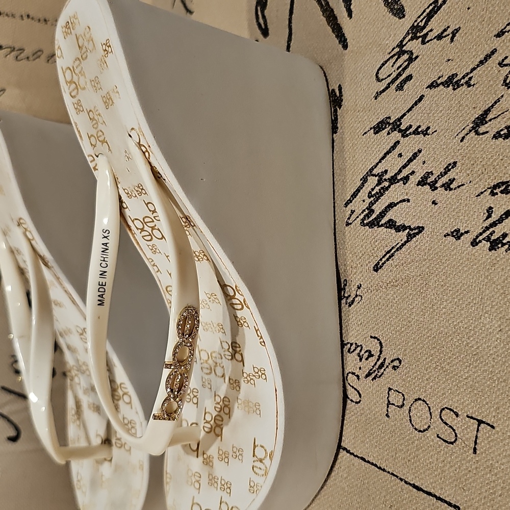 bebe White and Gold Floral Wedge Sandals